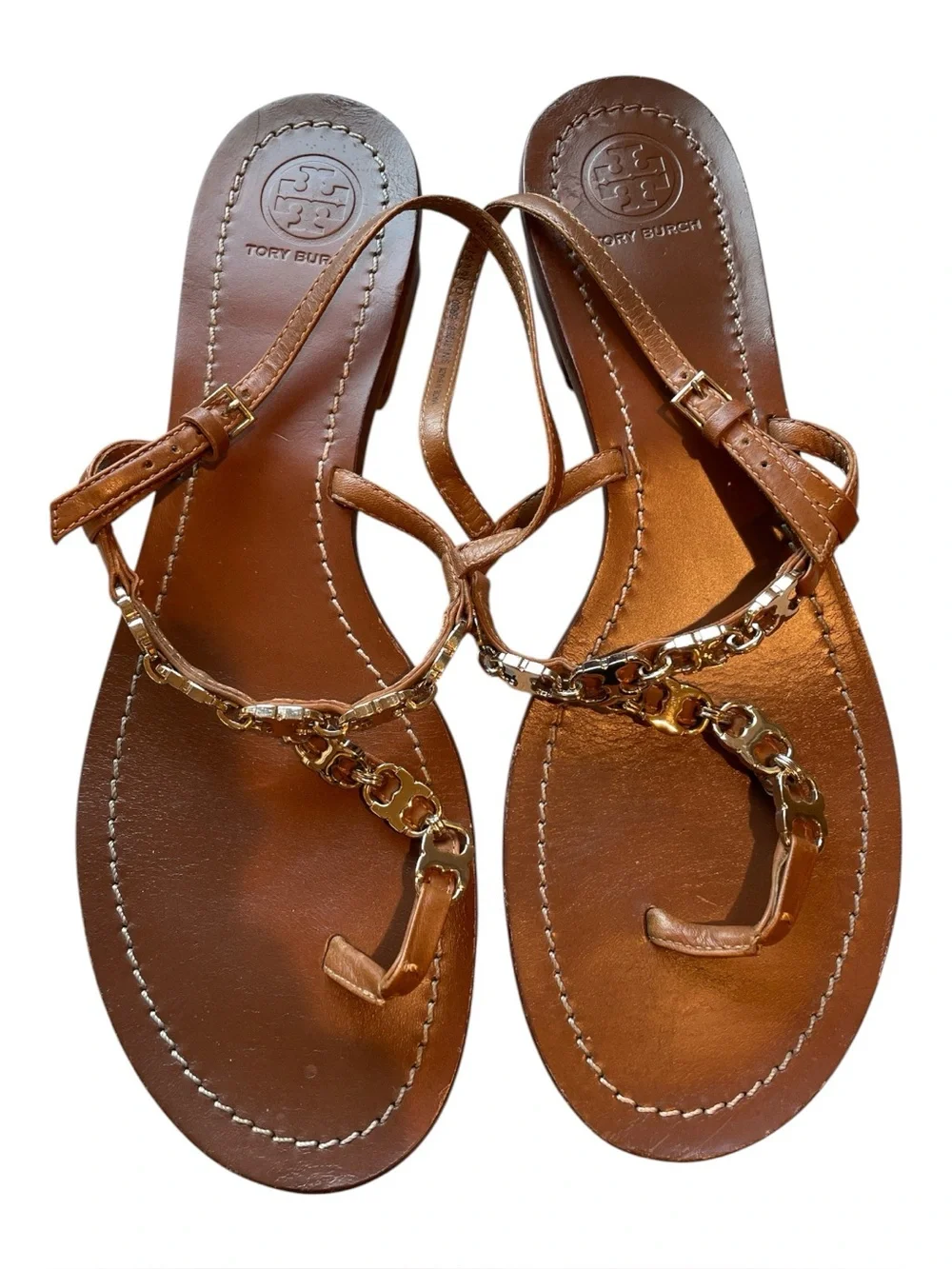 Tory Burch Gemini Link T-Strap Sandals | Cognac Brown
